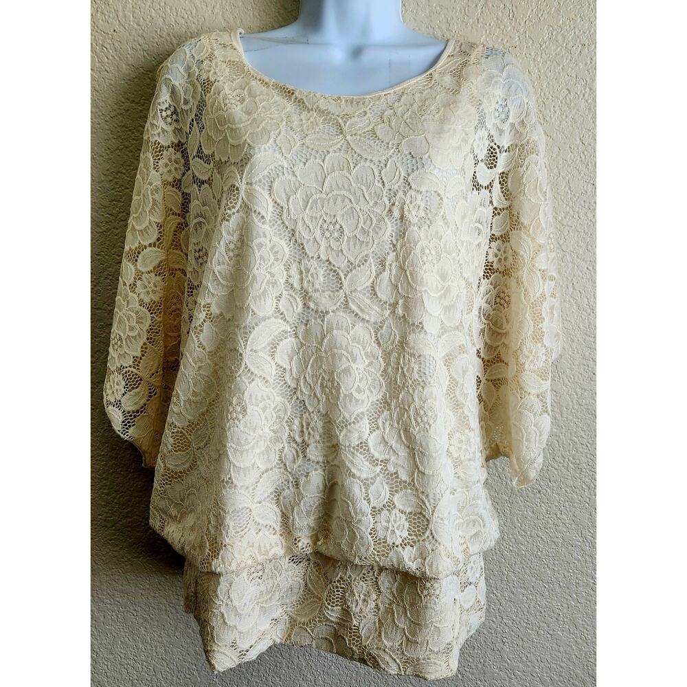 Brittany Black Cream Lace Overlay Dolman Sleeve Top XL Lightweight Soft Flowy